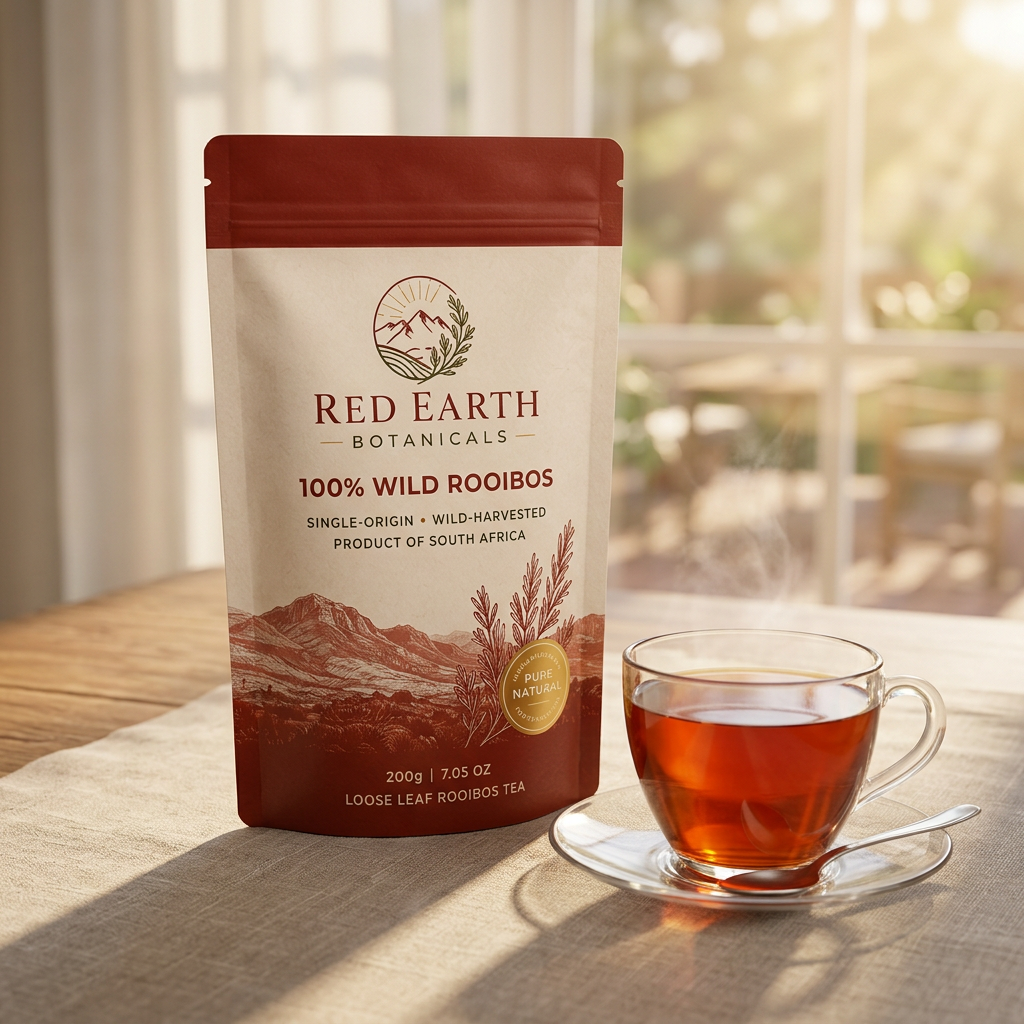Glass cup of brewed red rooibos tea beside dried leaves